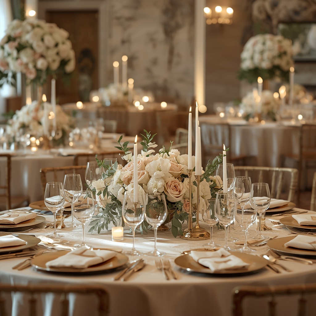 Luxurious wedding reception table with gold-rimmed dinnerware, cream linens, and white and blush floral centerpieces, soft candlelight, photorealistic, no people