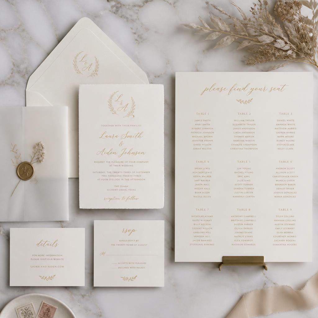 Elegant wedding invitation suite and seating chart on a marble table with gold calligraphy and dried flowers, soft natural light, photorealistic, no people